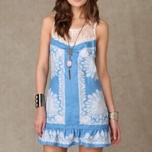 Vtg Free People Floral Lace Paisley Linen Mini Dress 0 XS 2 S Blue Embellished